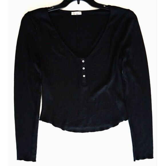 Free People OB1619283 Women's Sz S Black Keep it Basic Long Sleeve Henley Top - Picture 6 of 7